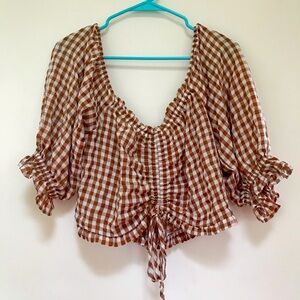 Brown and white gingham drawstring crop top puff sleeves